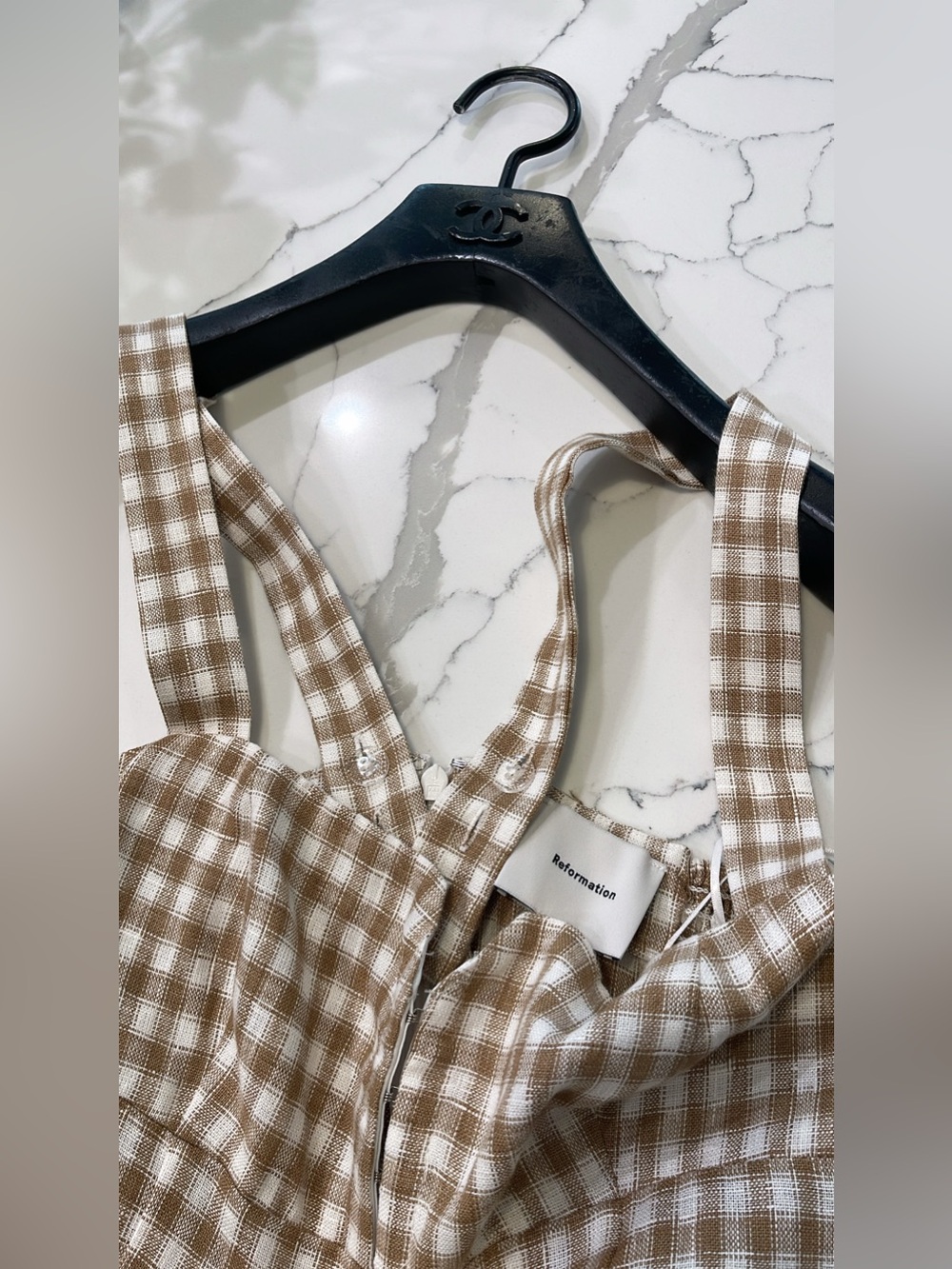 NEW Reformation Roma Midi Linen Dress Dunes Check Gingham Tan White Size 4 - Picture 7 of 15
